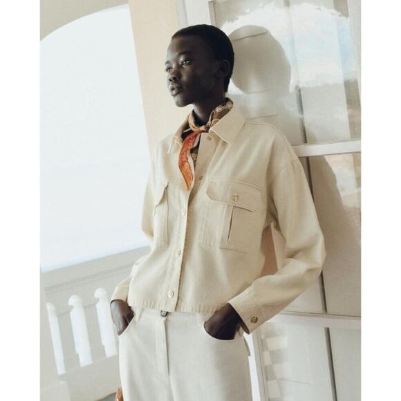 Zara Womens Overshirt Jacket Size S Ivory Cotton Flap Pockets 8372/229 NWOT - Picture 1 of 9
